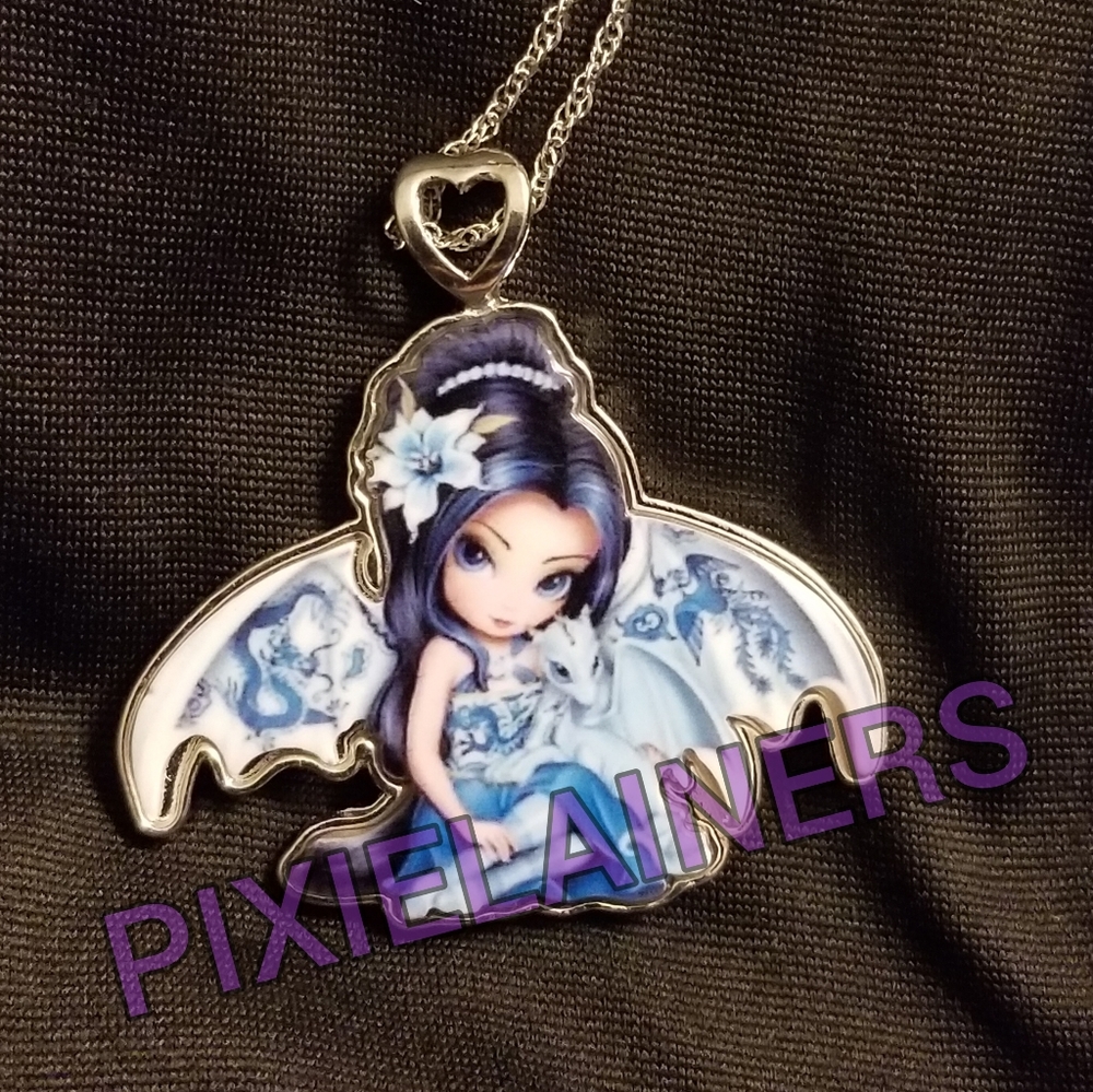 BNWT Blue "Girl with Dragon" necklace 🧚‍♀️3 /$20